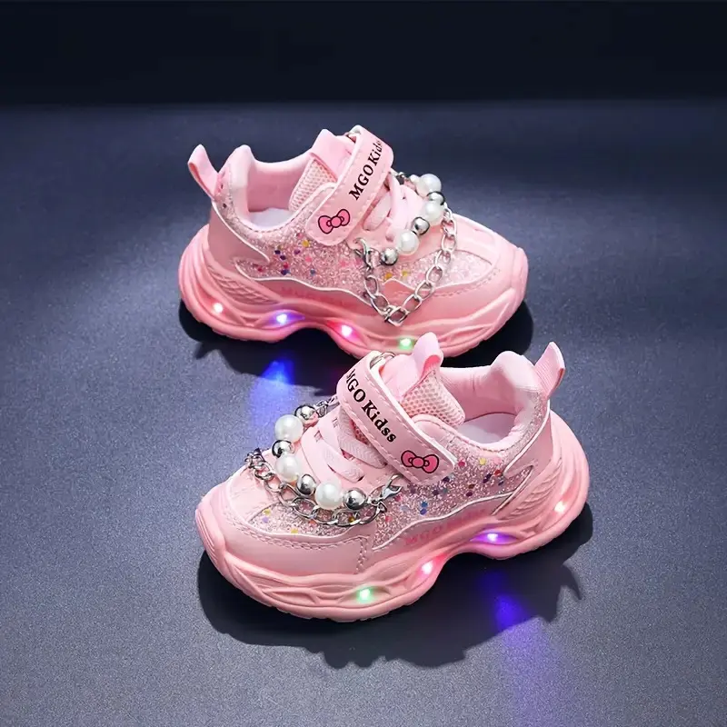 Girls (1-6Y) LED Princess Sneakers! Light-Up + Bead Accents |             Glow-in-the-Dark, Breathable PU (Pink/Purple, Christmas Gift)
