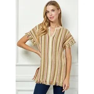 Striped Fringe Tunic With V Neck
