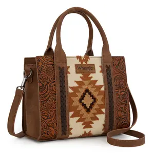 Wrangler Aztec Patterned Southwestern Structured Tote Bag for Women with Pieced Embroidery & Faux Leather Lining Zipper Closure 10.8x4.5x8.8