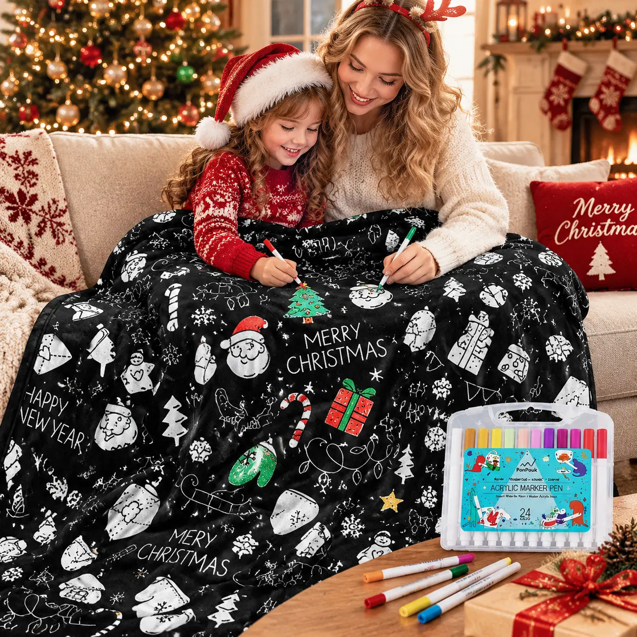 [Christmas Limited]Color-Your-Own Blanket for Kids & Adults – DIY Interactive Fuzzy Velvet Throw with 24 Acrylic Markers – Creative Art Blanket for Family Fun & Travel，graduation gifts，color blanket，tapestry