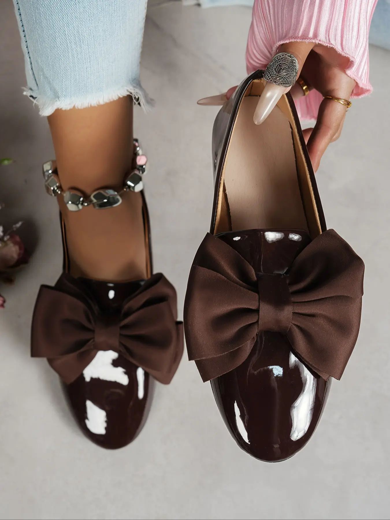 Women's Fashion Casual Plain Bow Decor Flat Shoes, Elegant Versatile Basic Large Size Comfortable Shoes, Flat Sole Shoes