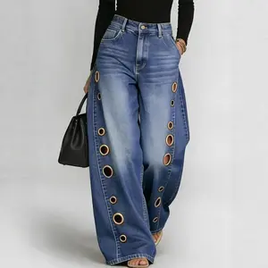 Women's High-Waisted Wide Leg Denim Jeans, Blue Washed with Eyelet Cutouts and Rips, for Streetwear Casual Outfits