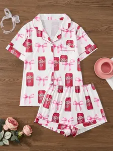 Women's Bow Print Short Sleeve Top & Elastic Waist Shorts Pajama Set, Casual Peppermint Dr Pepper Pattern Sleepwear, Valentine's Gift, Pajamas for Women