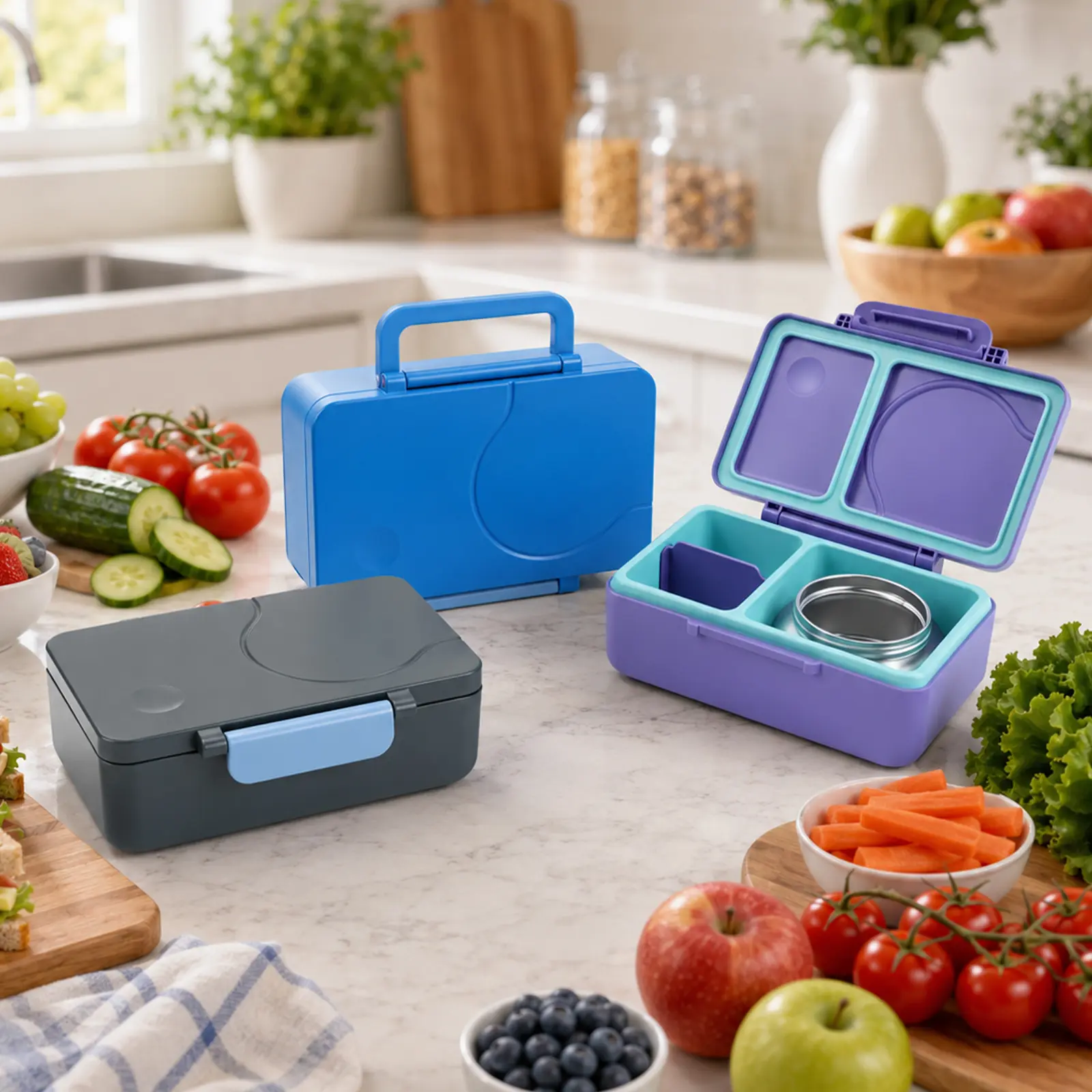 Bento Lunch Box with 12oz Insulated Soup Thermos, Leakproof 3-Compartment Food Container, Hot & Cold Food Storage for School and Travel