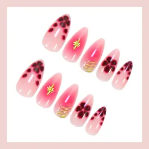 24-Pc Floral Star Almond Press-On Nails, Pink Line Art Design, Detachable Reusable Ready-to-Wear Nail Set, Beauty Products, Hyc-Dz-577 Spring Glow Up