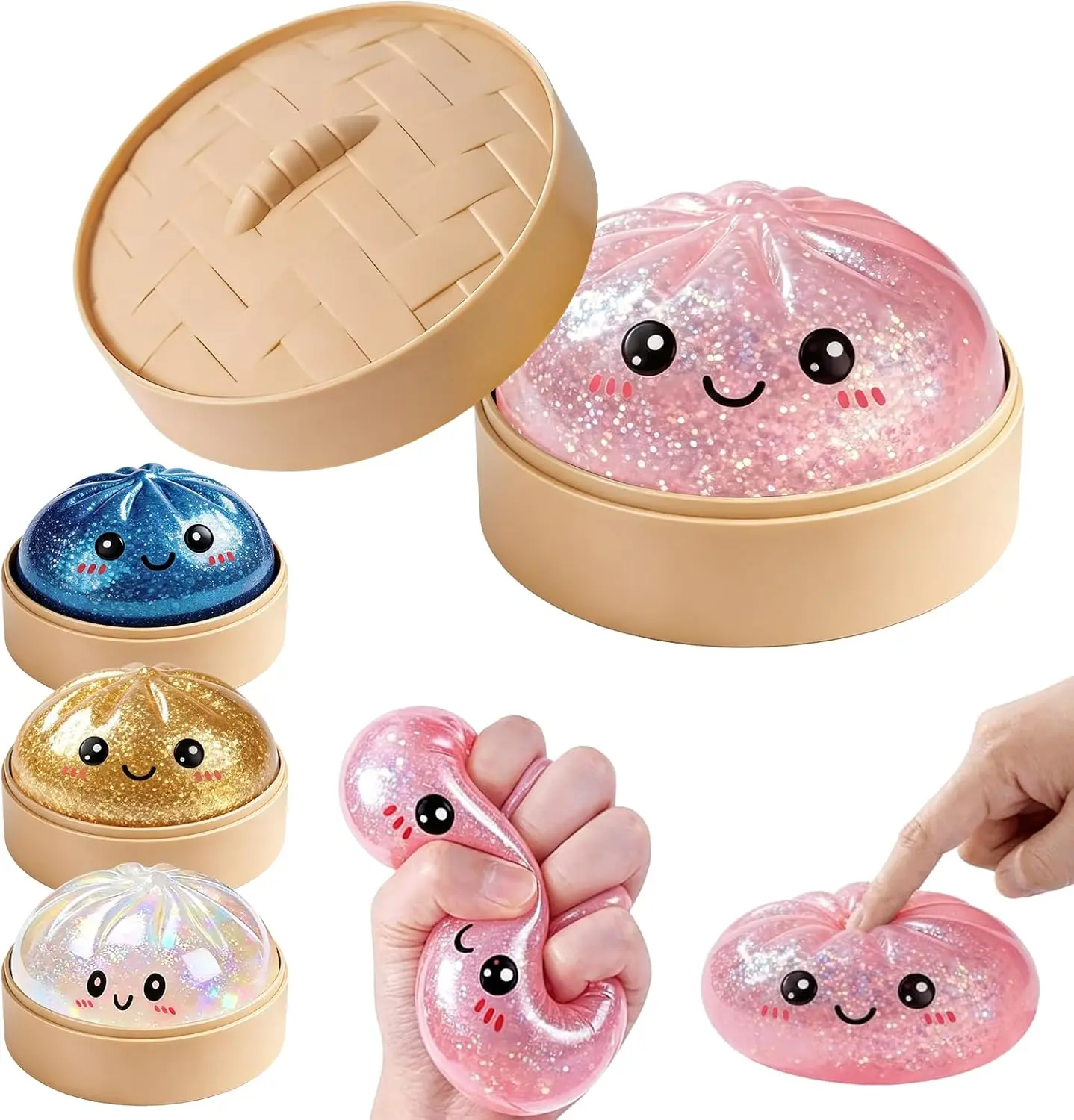 Cute glitter dumpling‑shaped squishy toy from mystery gift box. Soft squeeze texture helps release stress. Lovely pink style, perfect for holiday presents and kid’s birthday gifts.