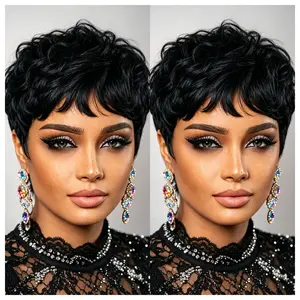 1B Natural Black Short Pixie Cut Wig Virgin Brazilian Human Hair Go‑To‑Wear Versatile Pre‑Cuttable Full Machine Made Glueless Wig for Black Women Daily Summer Wear