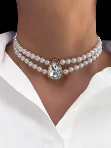 Double Layer Water Drop Diamond Faux Pearl Pendant Necklace, Silver Color/ Edge Fashion Jewelry Gift for Friends Bff Party Accessories, Elegant Necklace