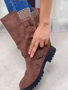 Women's Fleece Lined Winter Boots, Plain Low Heel Soft Sole, Adjustable Buckle Design, Anti-Slip Mid-Calf Snow Boots for Christmas, Winter Boot Shoes