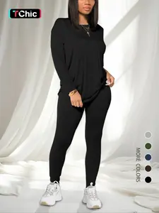 Women's Solid Drop Shoulder Tee & Elastic Waist Skinny Pants Two-piece Set, Basic Casual Fashion Cozy Round Neck Long Sleeve T-shirt & Trousers for Daily Outdoor Wear, Women's Clothing for Spring & Fall