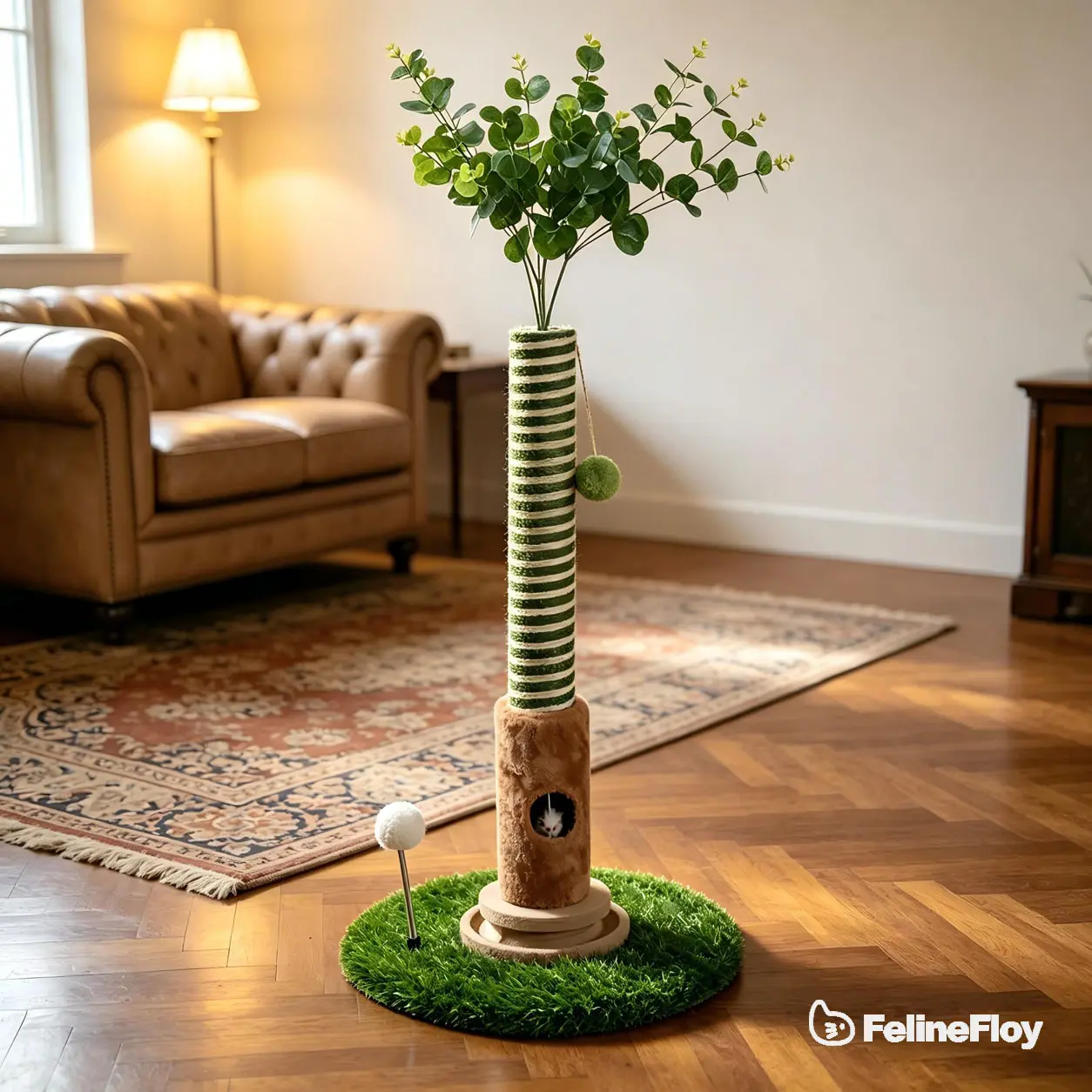 39''Cat Scratching Post  with Artificial Eucalyptus Leaves 4-in-1 Interactive Cat Tree Tower- summervibes Kitten Scratcher with Toy Balls - Indoor Cat Scratching Post with Ball - Sisal rope -modern pet furniture  Cat Tree for Living Room scratch post soho