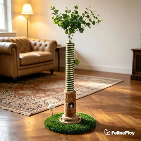 39-in Freestanding Cat Tree Scratching & Climbing Pillar - 39" Climb Tower, 4-in-1 Pet Furniture with Artificial Eucalyptus Leaves, Toy Balls, Sisal Rope for Kittens, Living Room Indoor Versatile Use