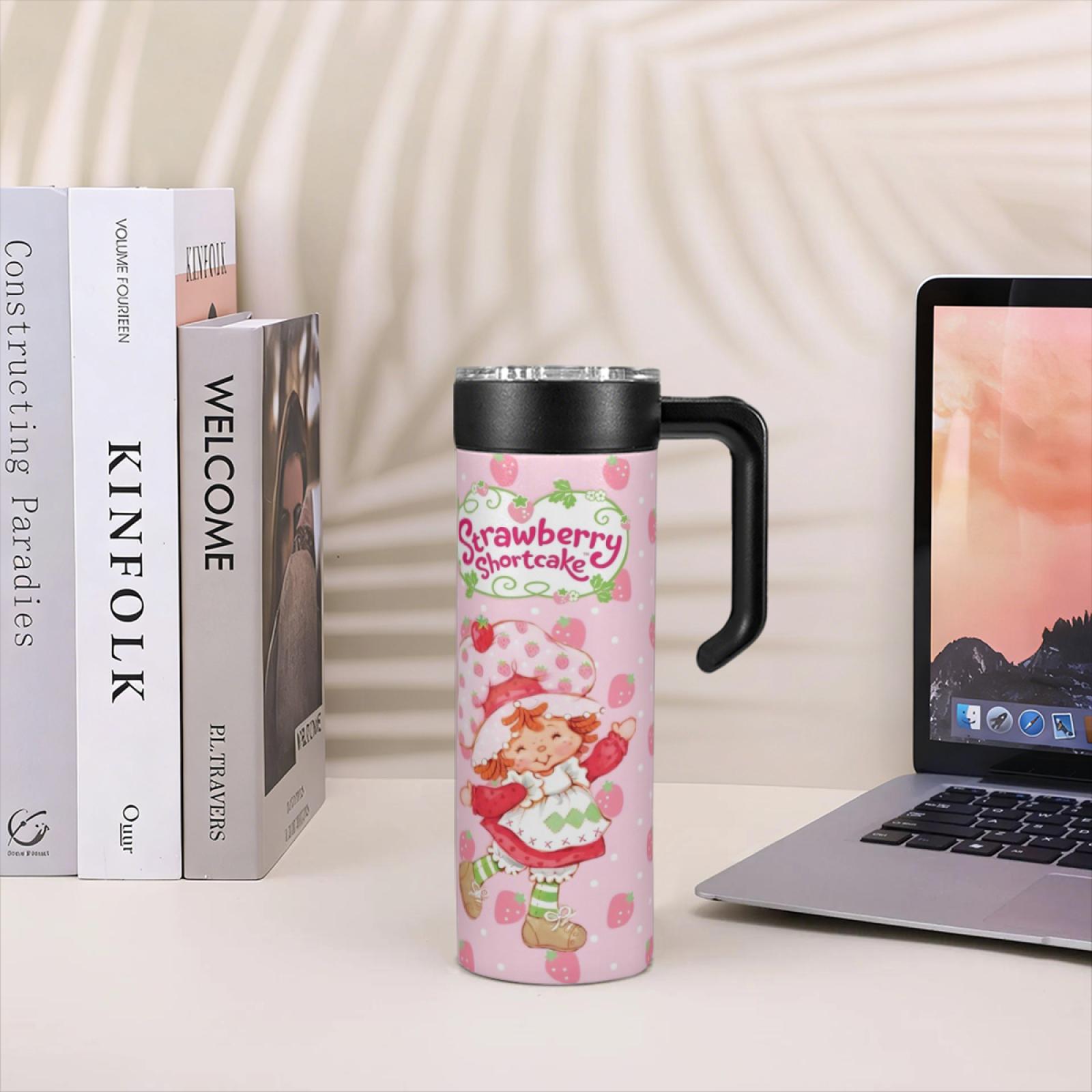 20oz New Stainless Steel Insulated Tumbler Strawberry Shortcake Design with Handle Leak-Proof Lid Portable Water Bottle for Home Office School TikTok Viral Cup Trending Aesthetic Reusable Gift Cute Girls Tumbler