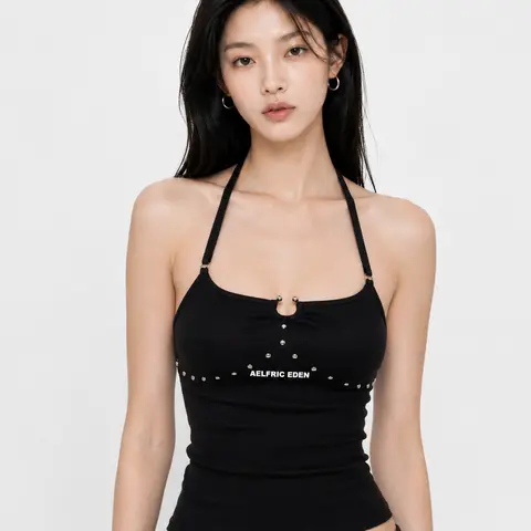 Aelfric Eden Women's Sleeveless Rhinestone-Metal Stud Halter Tank Top - Slim-Fitted, Adjustable Neck, High-Stretch Spandex Knit, Casual Going Out Alt Clothes, 2000s Vintage Y2K Edgy Streetwear Women's Tops