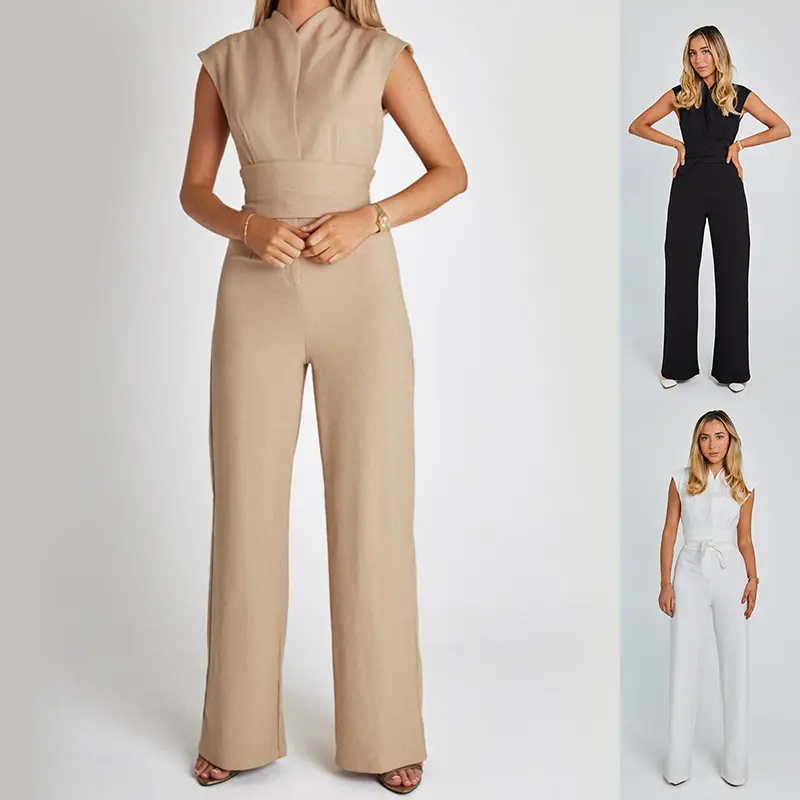 Women's Elegant Khaki Polyester Fabric Jumpsuit - Sleeveless V-Neck, High Waist, Comfortable Straight Wide Leg Romper for Summer, Full Length, Chic, Women's Clothes, Jumpsuits For Women