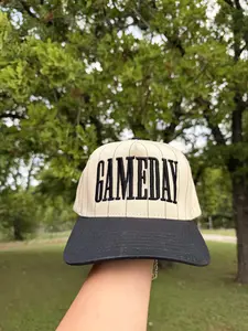 GAMEDAY Embroidered Trucker Cap - High-Quality Black Embroidery, Structured Fit, Adjustable Snapback, Neutral Tones for Baseball, Softball, Football & More
