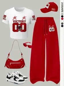 Women's Two-Piece Casual Matching Set, Tiger Print Short Sleeve Top & Adjustable Drawstring Wide Leg Pants, Daily Comfortable