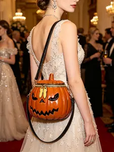 Funny Pumpkin Satchel, Cartoon Leather Finish Bag, All-Season Party Accessory, Cute Crossbody for Halloween, Trendy American Style, Leather Crossbody Bags