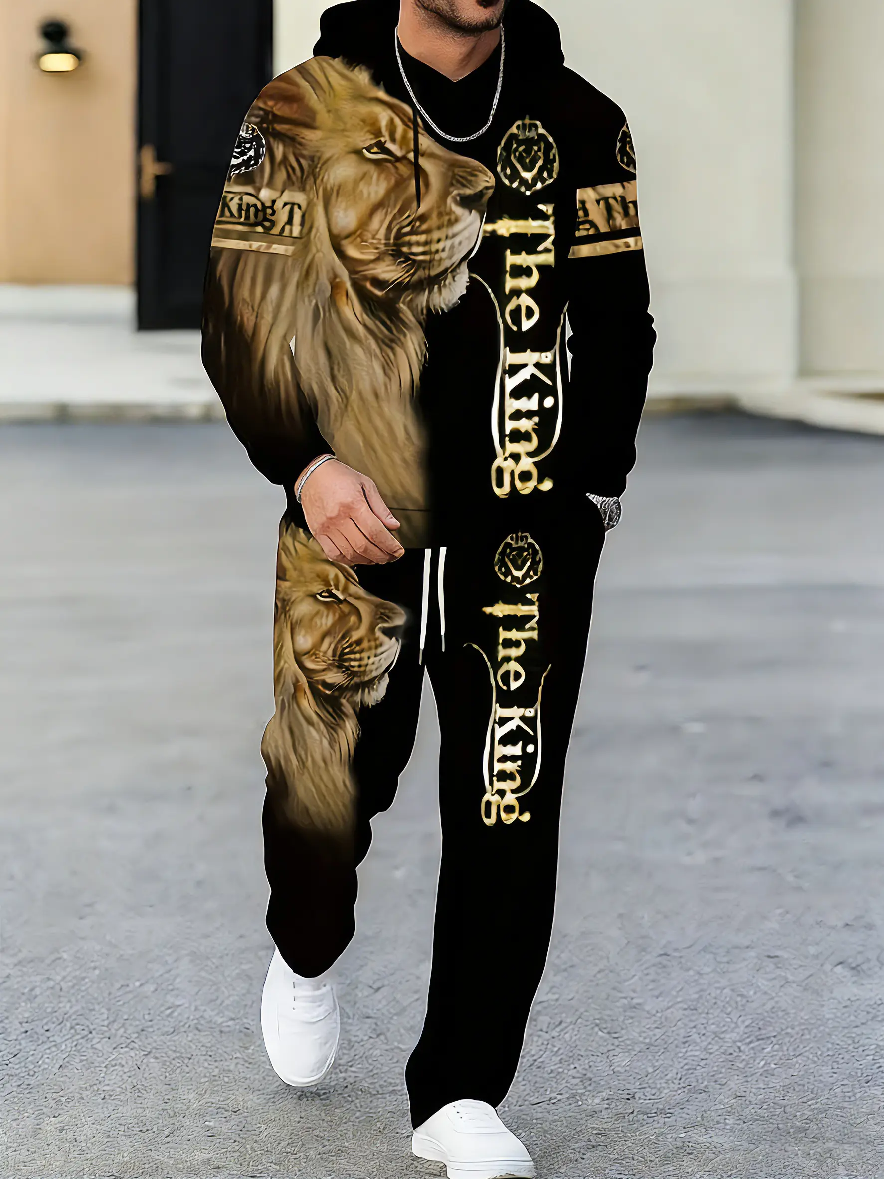Men's Casual Knitted Tracksuit with 3D Lion Print, 2-Piece Athleisure Activewear Set with Hoodie