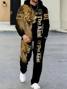 2-Piece Men's Casual Lion Print Hoodie & Sweatpants Set - 3D Digital Animal Pattern Knitted Sportswear