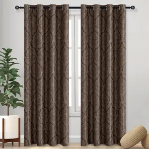 Brown Curtains 84 inch Long for Bedroom - Room Darkening Blackout Damask Patterned Thermal Insulated Grommet Drapes for Living Room, Set of 2 Window Curtain Panels, 52 x 84 Inches Long