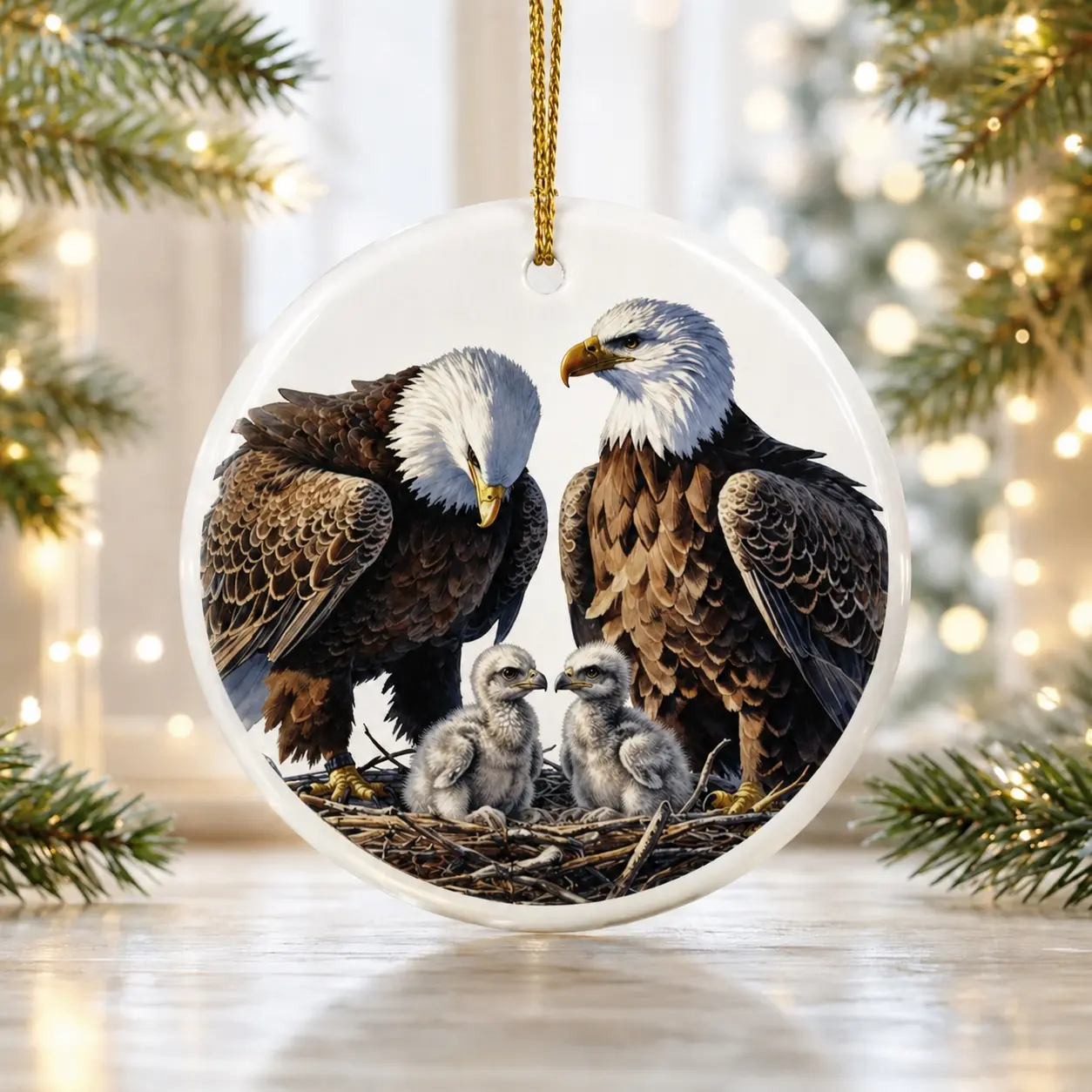 Jackie Glossy Ceramic Classic Eagle Memorial Ornament with Shadow, Eaglets & Big Bear Eagle Family Christmas Graphic Keepsake, Round