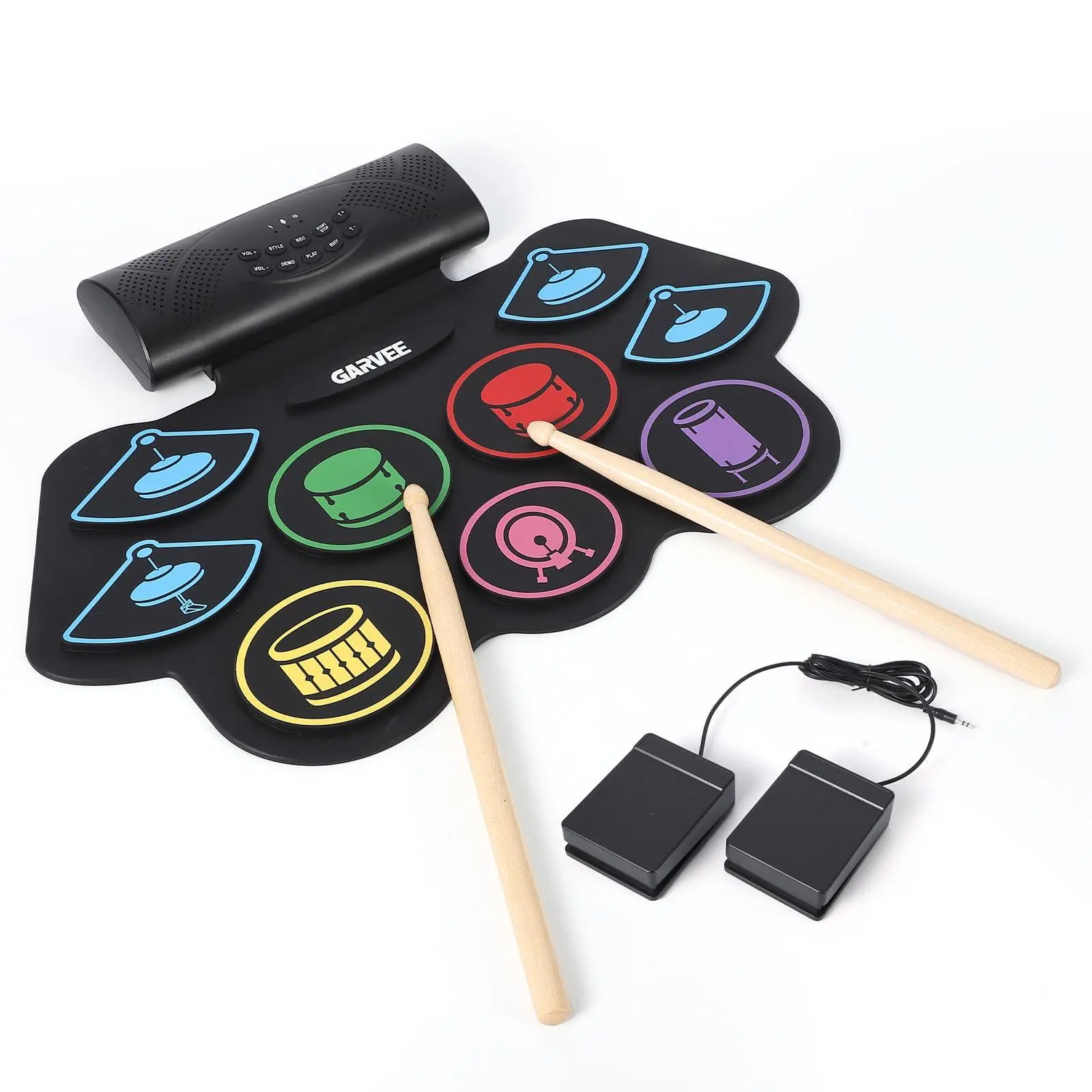 9-Pad Roll-Up Electronic Drum Set with Bluetooth, Portable Kit with Headphones, Sticks & Pedal for Silent Practice, Perfect (Colorful) Percussion Instrument