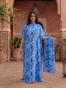 Women's Elegant Chic Argyle Pattern Robe Set, Fitted Long Dress + Headscarf Scarf Hairband, Beach Sun Protection Satin Silk Shawl