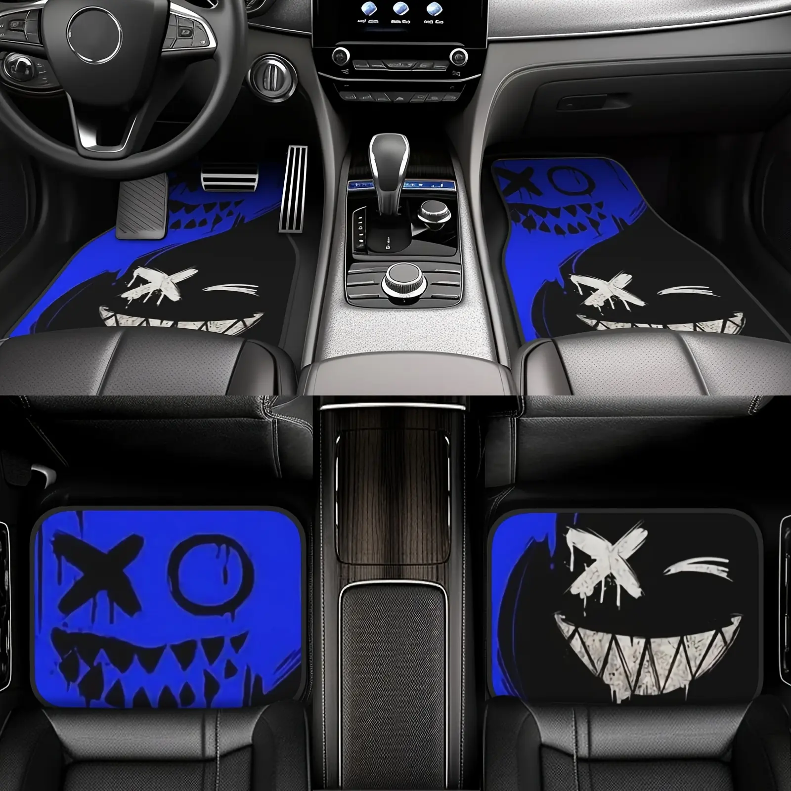 4pcs Set of Doodle Demon Cartoon Pattern Car Foot Mats - Polyester Fiber Front And Rear Seat Protectors, Suitable for All Car Models