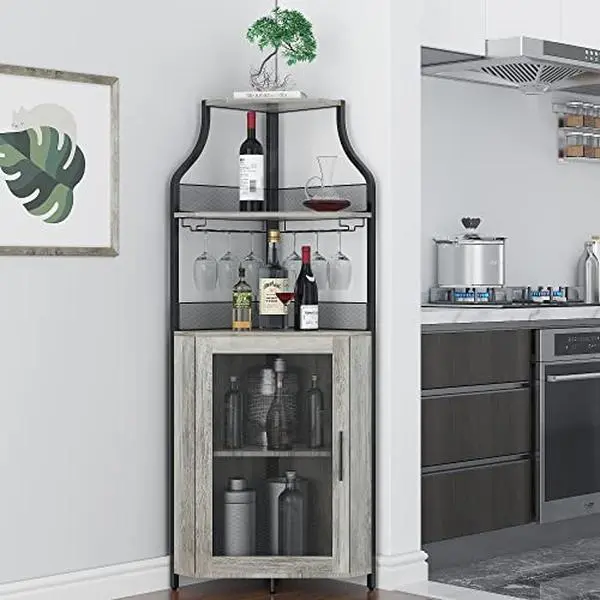 Grey Industrial Style Metal Frame Corner Sideboard - Sturdy Waterproof MDF, Adjustable Anti-Tip ft, Large Capacity, Removable Bottle Holder, Cup Holder, Mesh Door, Easy Assemble Buffet for Dining Room, Living Room, Kitchen, Durable, Anti-Tip Feet