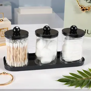 3 Piece Bathroom Cotton Swab Holder Set, Round Cotton Swab Stand with Tray, Medicine Can Storage Box, Tooth Flosser, Cotton Balls, Pads, Bathroom Accessories Organizer