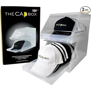 The CapBox 2.0 (2 Pack Clear) Hat Organizer for Baseball Caps, Stackable Hat Rack Cap Storage Container