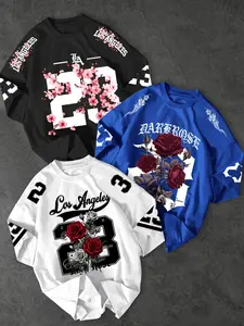 Men's 3-piece round neck oversized casual short sleeved T-shirt, 23, Los Angeles, cherry blossom, rose, Floral pattern screen printed clothing, suitable for streetwear, music festivals, city outings, Gothic style enthusiasts, and American streetwear fans