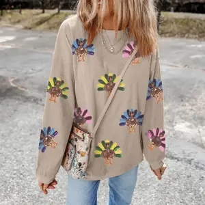 Women's Sequin Turkey Graphic Corded Drop Shoulder Thanksgiving Day Baggy Sweatshirt