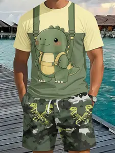 Two-piece set with fun 3D digital printed dinosaur camouflage in yellow and green splicing, trendy fashion suit, retro casual two-piece outfit, stylish vacation wear, breathable sports casual style, an ideal holiday gift for men