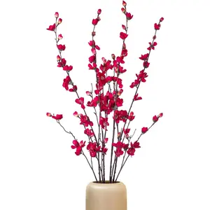 Artificial Faux Plants Flowers Indoor Spring Summer Decor, 4 Bundles Fake Silk Plum Blossom,Faux Silk Cherry Blossom Branches for Wedding Party Hotel Home Decor, Vase Not Included(Rose Red).