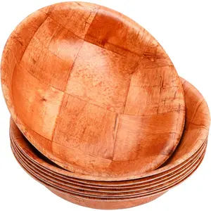 8 Pack Wooden Woven Salad Bowl, 8 Inch Stackable Round Wood Serving Bowl, Rustic Mixing Bowl for Salad, Fruits, Vegetables, Natural Birch Wood