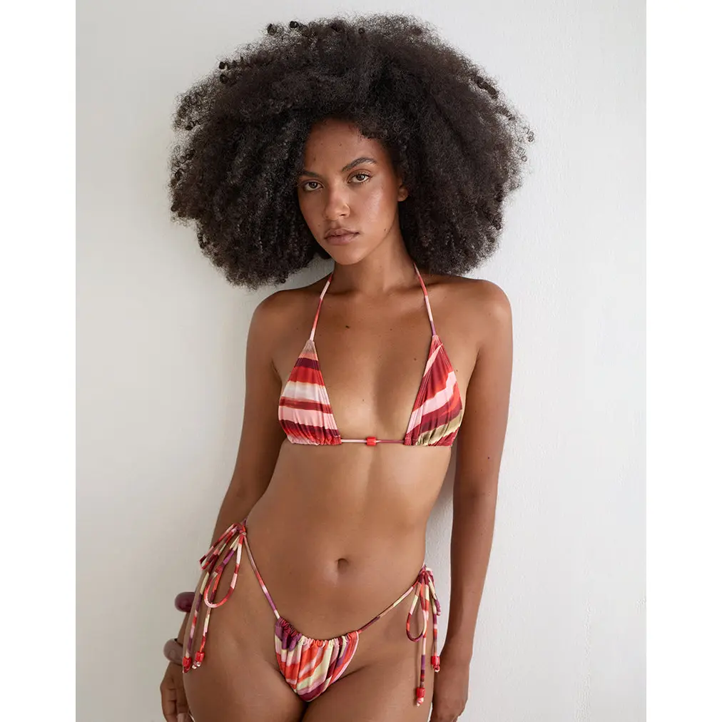 Women's Halter Bikini Top in Wiggle Sunset Print, Bodycon Fit Stretch Elastane Bra Top with Red Beaded Detail and Adjustable Straps, Eco-Friendly