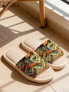 Vintage Paisley Pattern Print Linen Slippers Vintage Ethnic Style Cloud-Feel Breathable Non-Slip Must-Have For Art Lovers Home & Outdoor