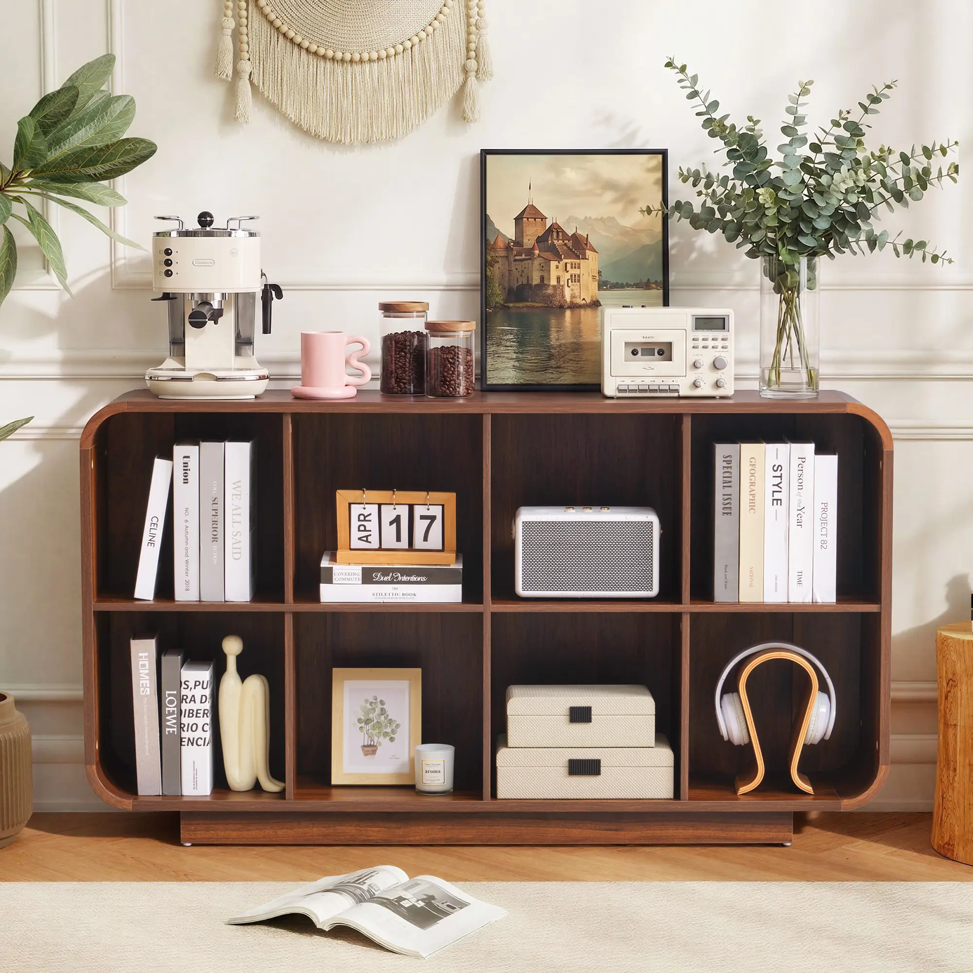 Giratree Cube Storage Organizer with Base, 8 Cube 2-Tier Bookcase, Wooden Floor Standing Storage Shelf with Rounded Corners, Anti-Tip Kit, Low Lattice Organizer for Home Office Living Room