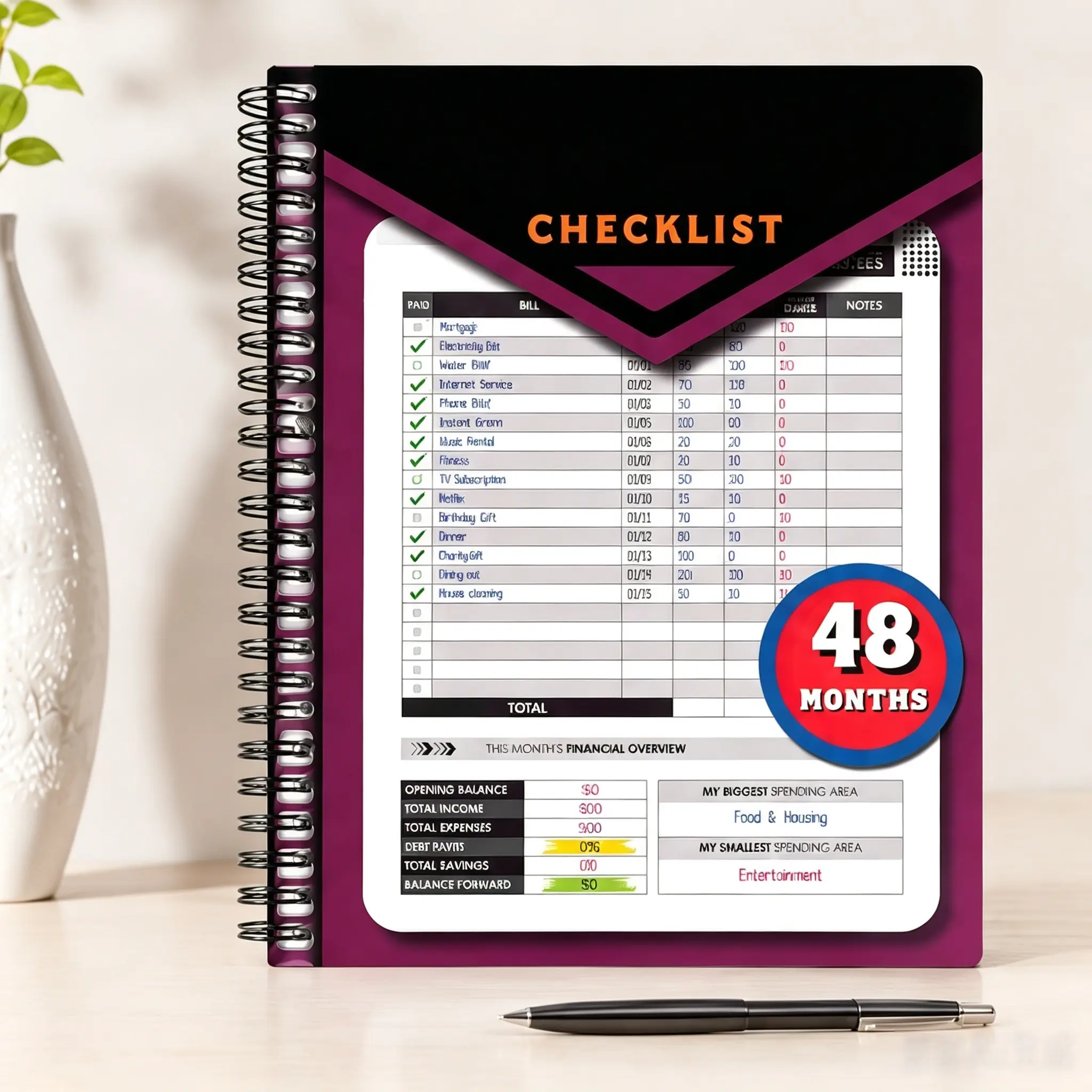 Monthly Bill Payment Checklist Planner Notebook | 48-Month Budget Organizer, Expense Tracker, Finance Planner Book for Home Budgeting & Bill Management