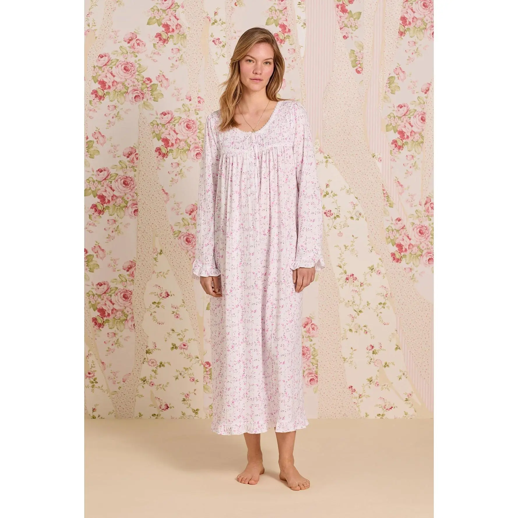 Women's Cotton Modal Lightweight Pointelle Knit Long-Sleeve Round Neck Ruffled Lace Satin Feminine SM Floral Ballet Nightgown - Long Loungewear with Floral Buttons, Ribbon Tie, Sleep-Friendly Princess Design, Classic Silhouette, Chic, E00095