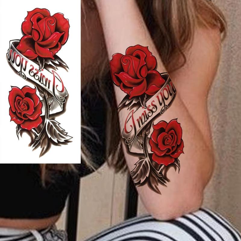Waterproof Red Rose Ribbon Temporary Tattoo Stickers - 6 Pieces (2 Fixed Designs, 4 Random Designs), Peel & Apply with Damp Cloth, Easy Removal, Goodie Bag Fillers, Party Favors for Arm, Thigh, Neck, Chest, Face, Ankles, Ears, Feet, Fingers, Forearm, Legs