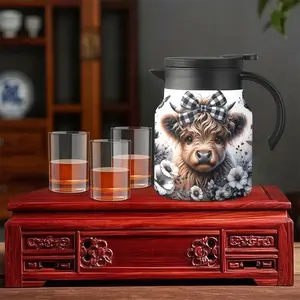 1pc 34oz Highland Cow Bow Insulated Water Jug, Farmhouse Floral Thermal Carafe, Leakproof Stainless Steel, Large Capacity, Home & Office Use