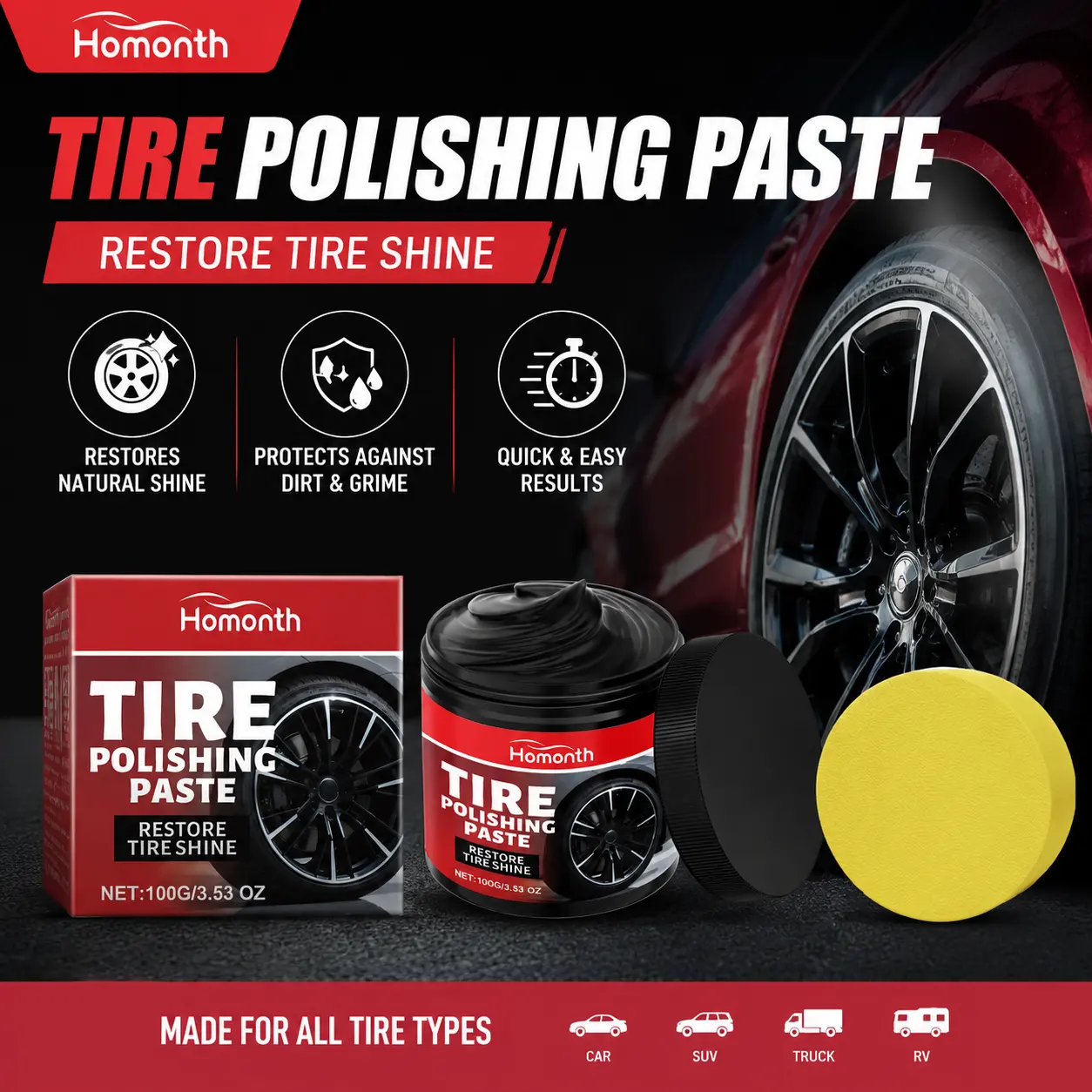 Tire Shine Paste Tire Dressing Tire Restorer Deep Black Finish Restore Faded Tires Long Lasting Shine High Gloss UV Protection Water Resistant Non Greasy Car Detailing