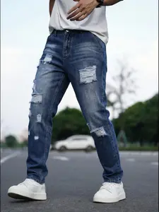 Men's Loose-Fit Denim Jeans Pants, Casual Streetwear Style Worn Look Ripped Design, All-Season Plain Straight Leg Jeans for Men