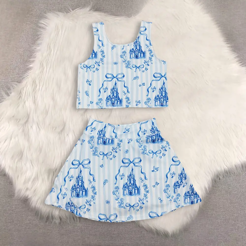 New Clothes Light Blue Sleeveless Bow Top Skirt Set for Girls Wear