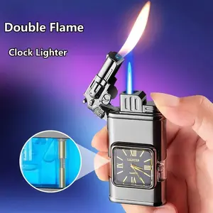 Double flame torch lighter, outdoor windproof portable butane gas replenishment lighter, retro quartz dial lighter, men's gift, gift box packaging (butane gas free)