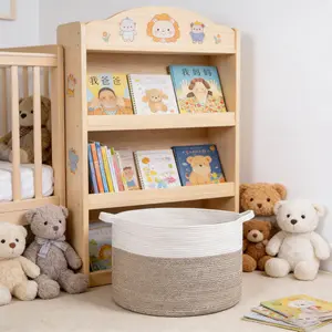 Large Cotton Rope Storage Basket (19.68" x 12.99" | 83L), Woven Baby Laundry Basket with Handles, Decorative Toy Blanket Organizer for Nursery, Living Room, Bathroom (White & Brown)