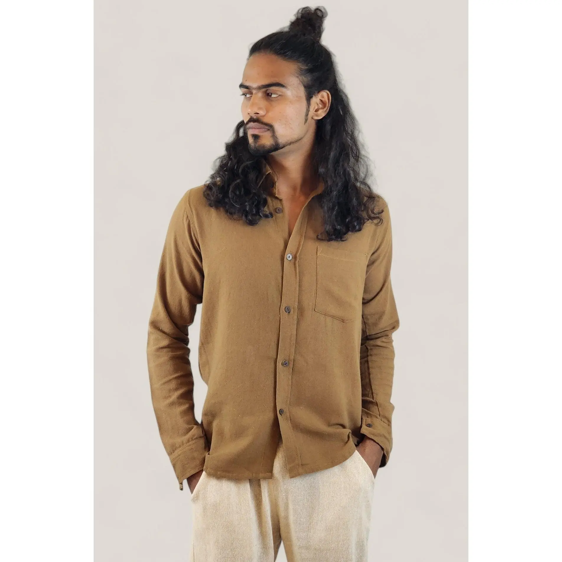 Men's Organic Cotton Long Sleeve Button Down Shirt Khaki Brown Fitted Casual Minimalist All Seasons Work Top Natural Dyes Classic Design Menswear Beige Eco-Friendly Style